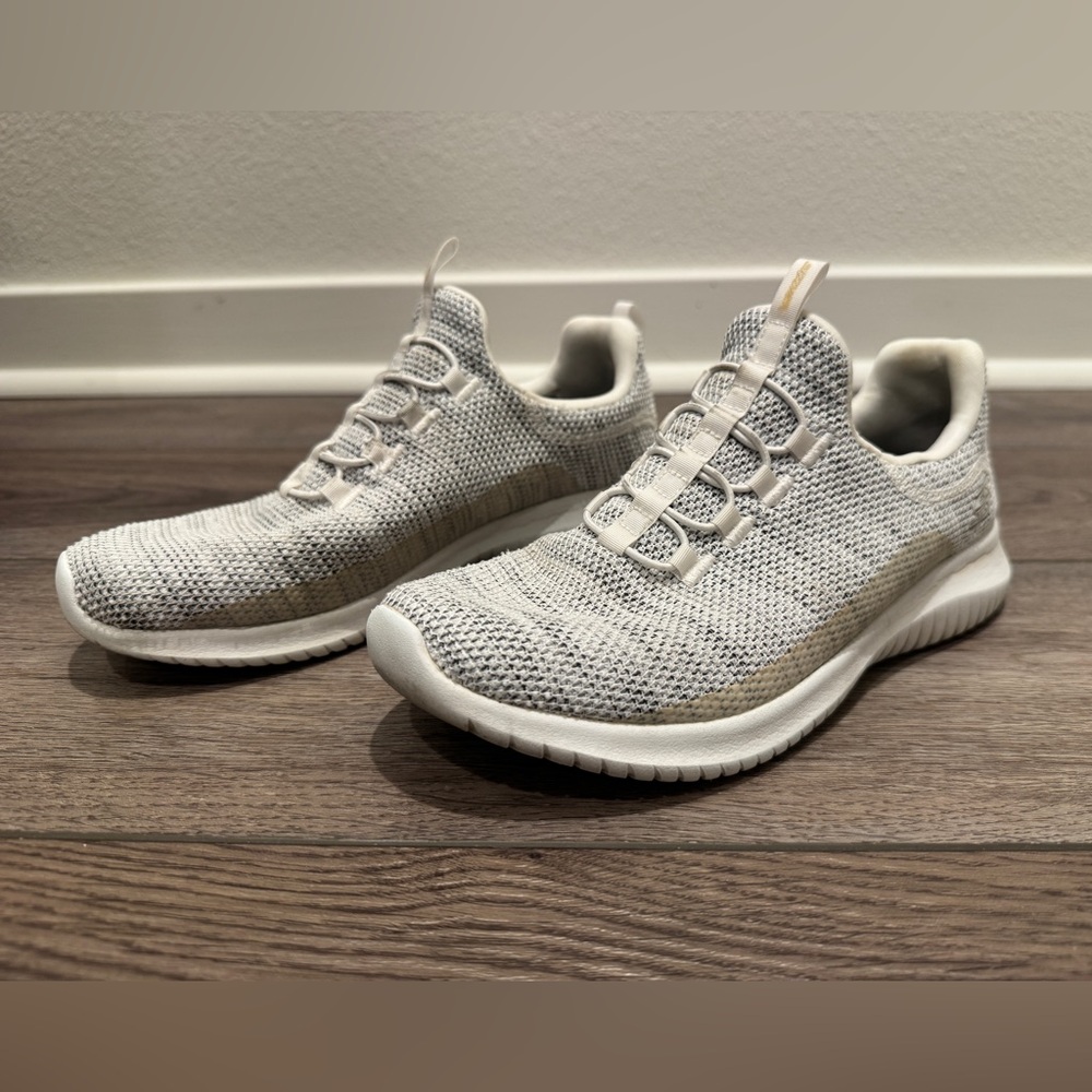 Skechers Lightweight Knit Slip-On Sneakers in Light Gray and White